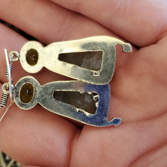 New Ocean "Orca" Agate Palm & Peridot 925 Silver Dangle Earrings. - Picture 3 of 9